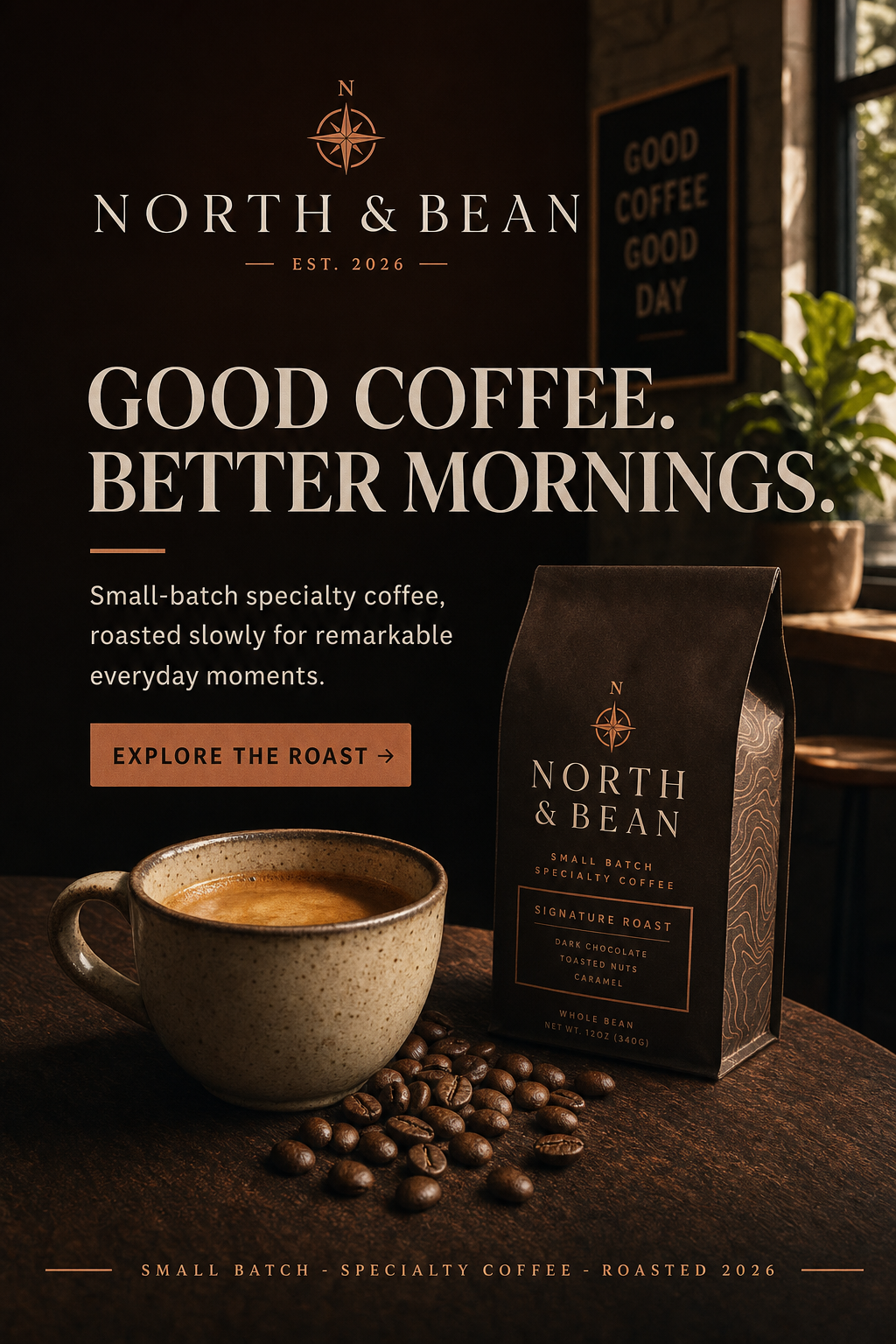نموذج بروشور من إنتاج Vionaia لعلامة قهوة تجريبية NORTH & BEAN